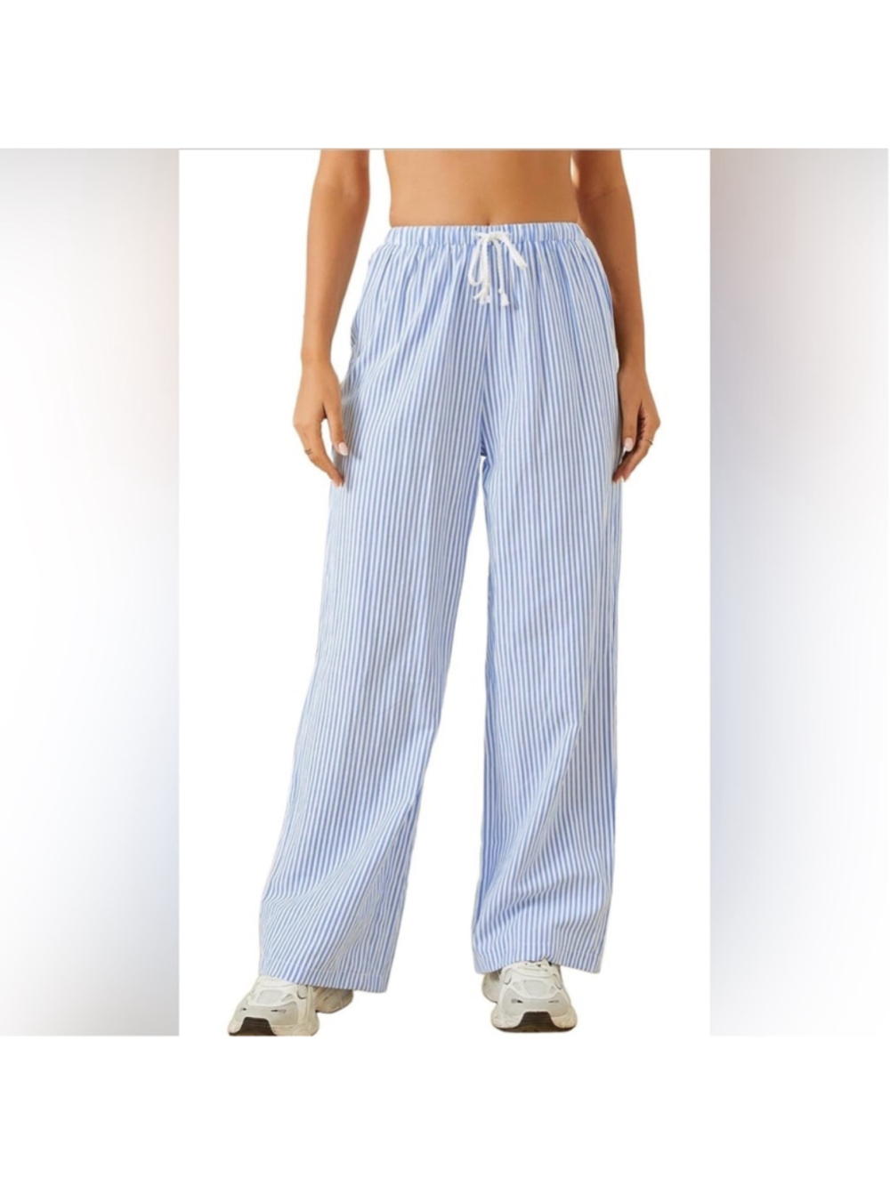 NEW Striped Ticking Wide Leg Drawstring Slant Pockets Casual Lounge Pants L